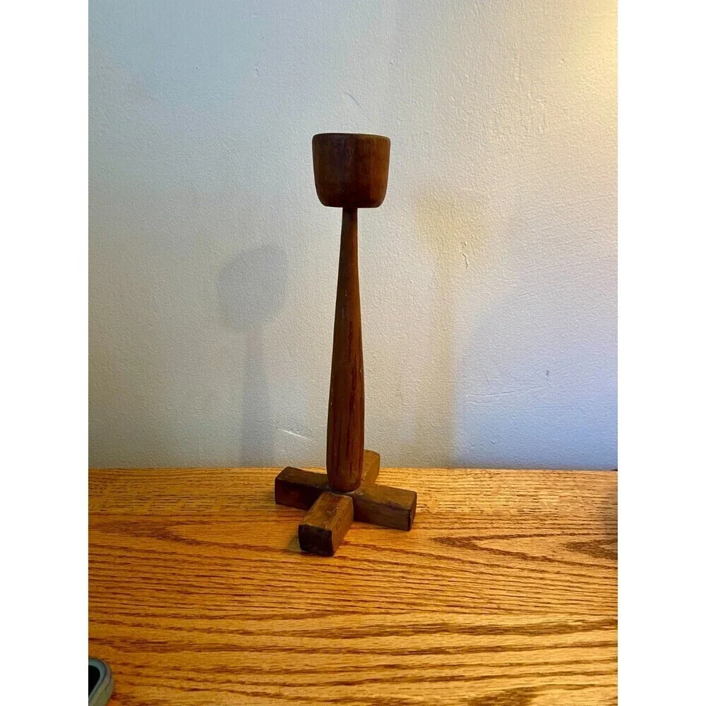 Mid Century Modern Wood Candlestick Holder Danish Pillar Round Dark Scandinavian